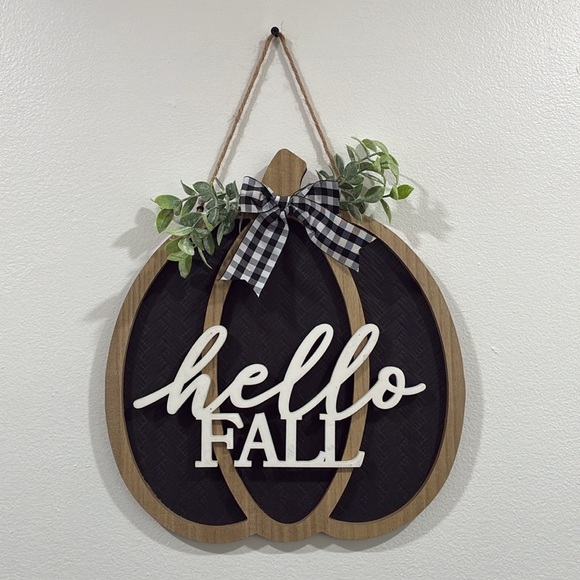 NWT- Hello Fall- Black Wicker- Wooden Pumpkin Sign w/ Faux Eucalyptus & Bow - Picture 1 of 12